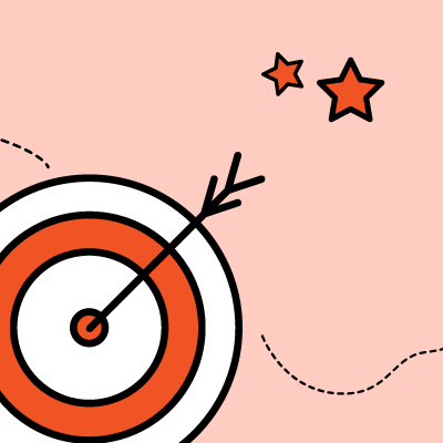 Orange target with arrow hitting the center, with two stars on a pink background.