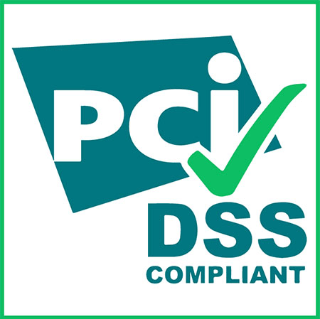 PCI DSS compliant logo with teal checkmark and teal text on white background