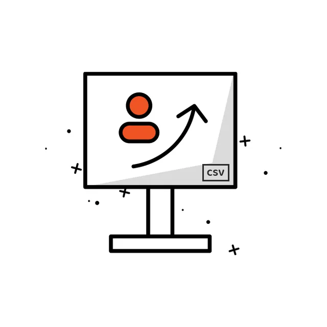 CSV export icon with orange user and upward arrow on a computer screen
