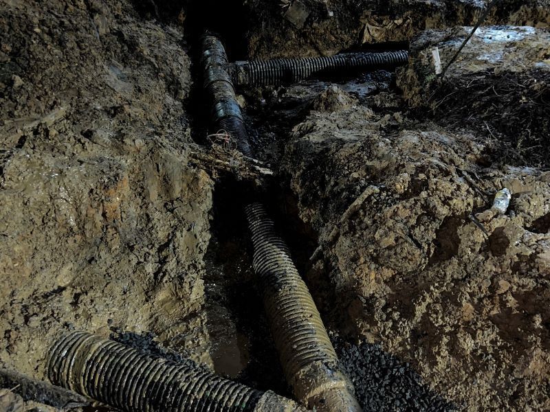 A bunch of pipes are laying in the dirt
