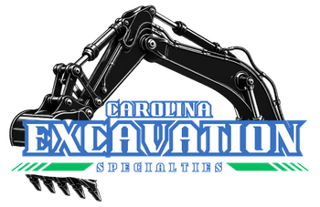 Logo for Carolina Excavation Specialists with a black excavator and blue text on white background