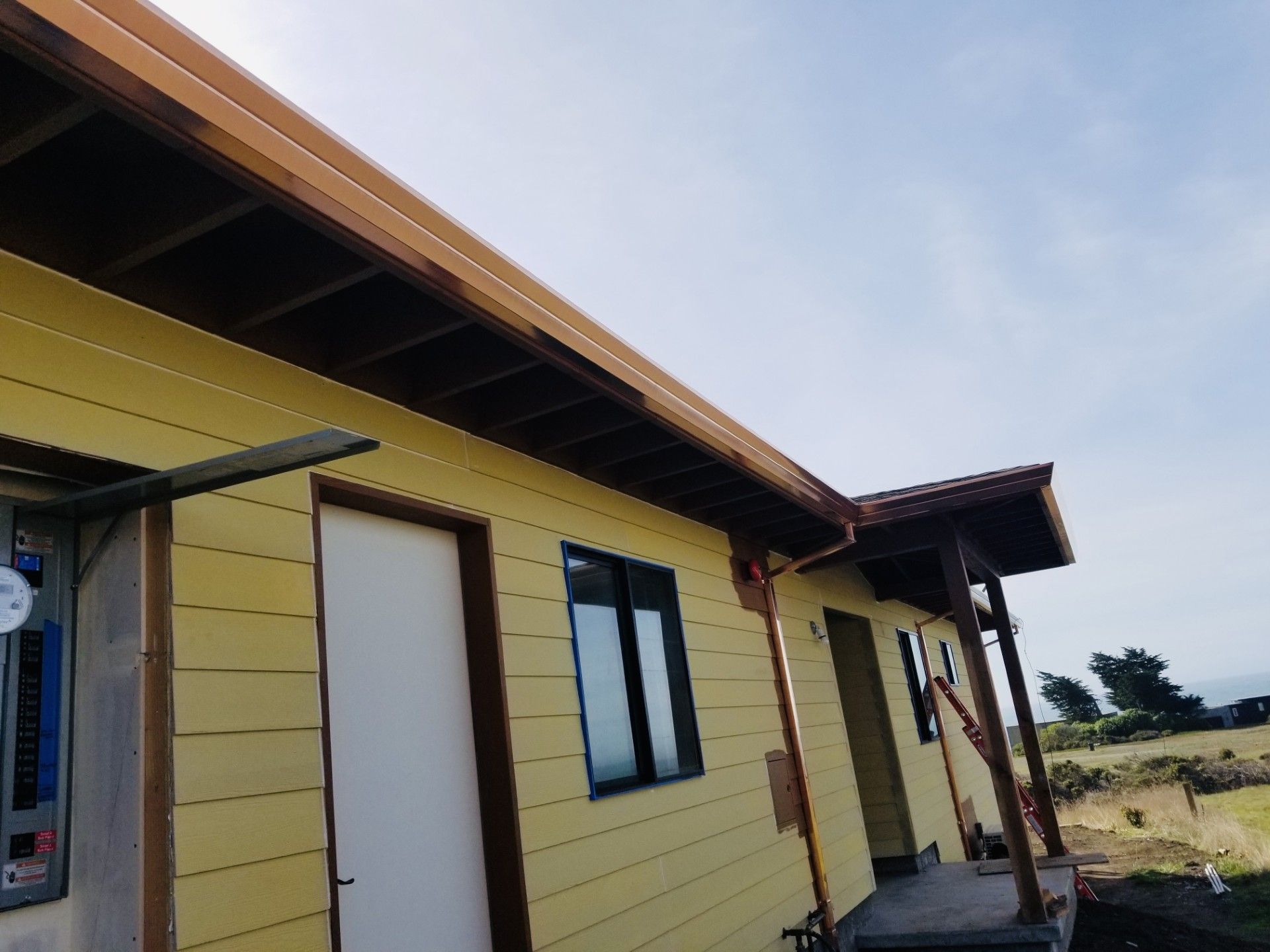 Yellow house exterior with white door, dark window frames, and a covered porch under a slanted roof
