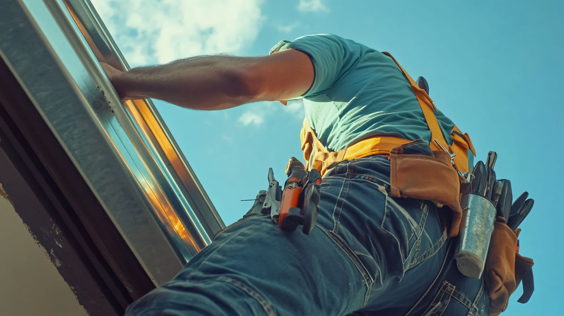Worker on a roof reaching upward, wearing a tool belt and jeans against a bright sky