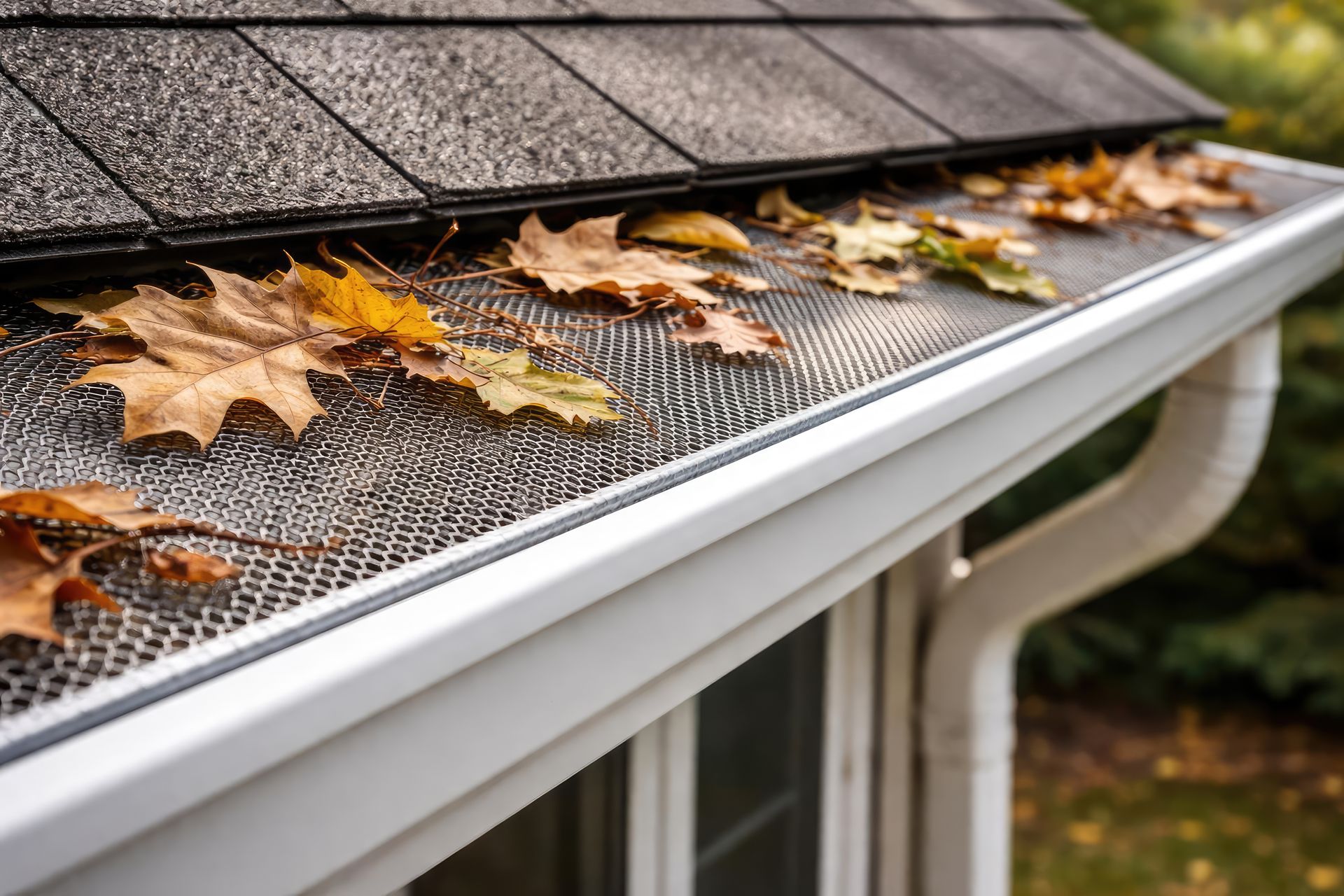 Gutter guard on a roof edge covered with fallen autumn leaves