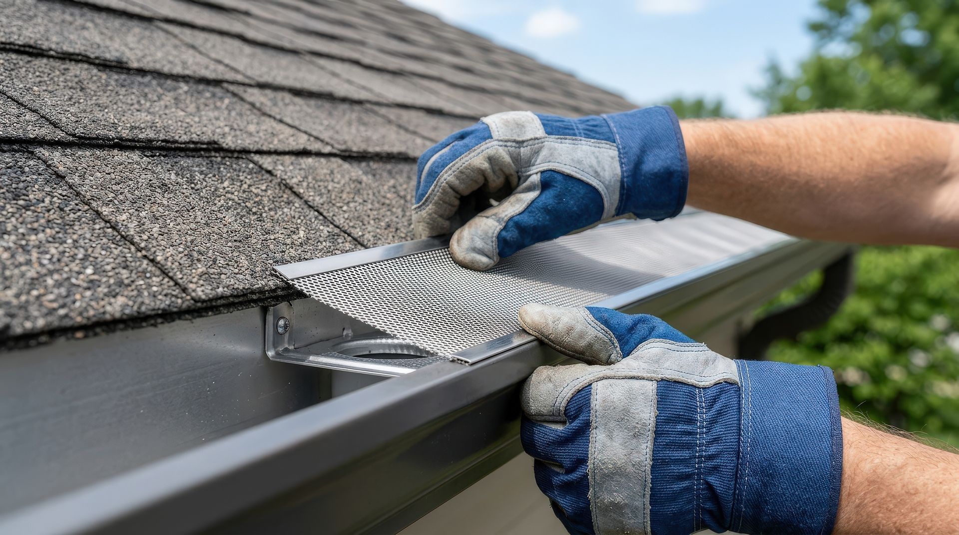 Gloved hands using a trowel to apply sealant along a roof edge near gutters