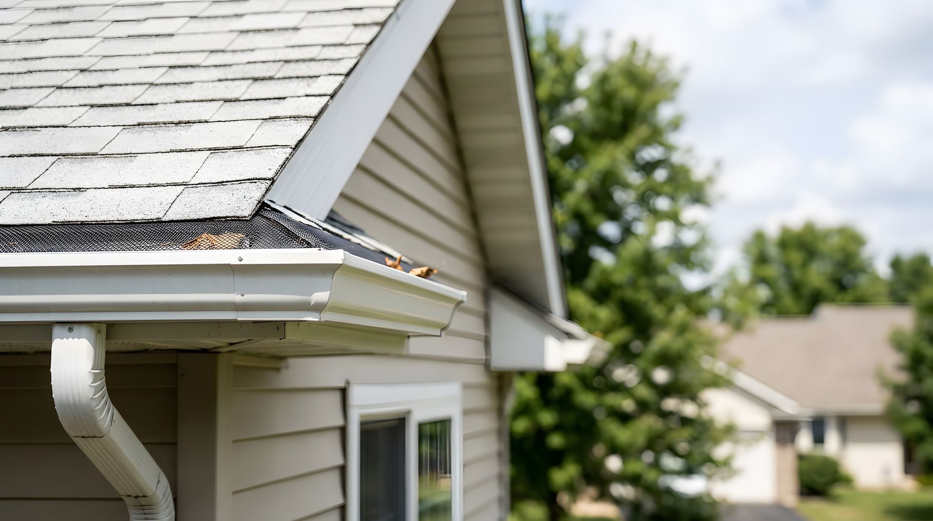 Close-up of a house roof and white gutter with a blurred suburban home in the background