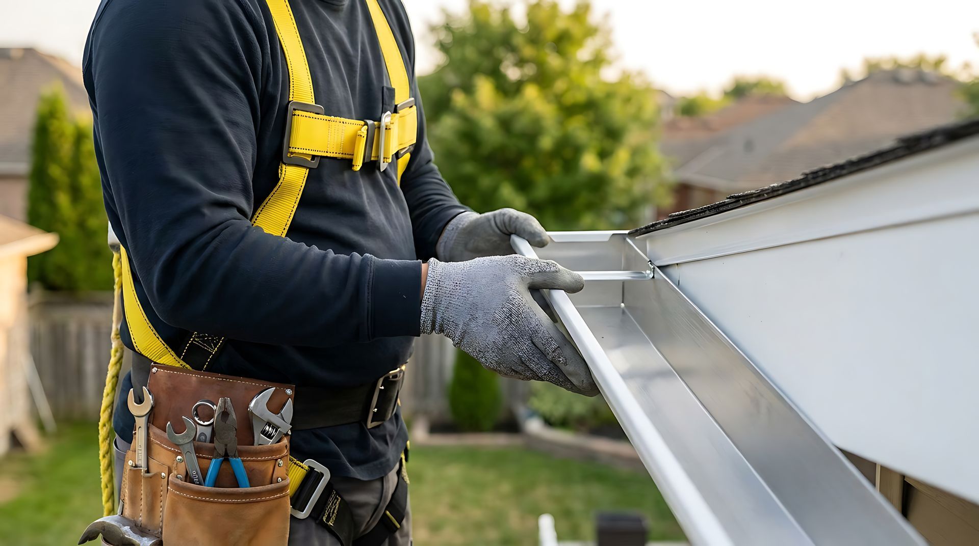 Worker installing gutter on a roof, wearing gloves, tool belt, and safety harness