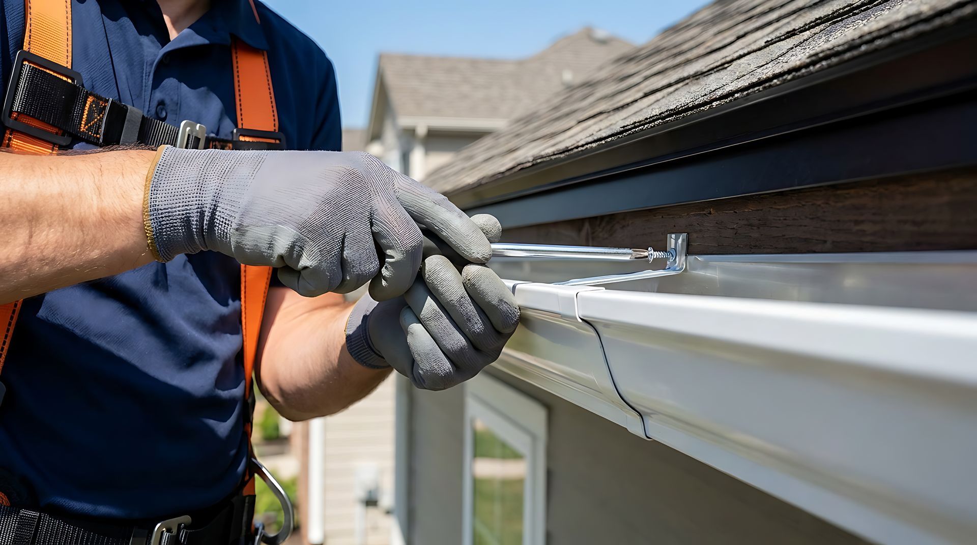 Gloved worker adjusting white gutter on house roofline with a tool