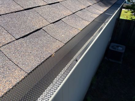 Close-up of a shingle roof with black gutter guards installed over a white gutter.