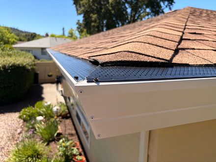 White seamless rain gutter with black gutter guard installed along a residential roof edge.