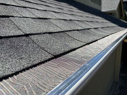 Close-up of a shingle roof with a white gutter and installed gutter guard.