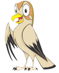 Cartoon bird with tan and brown feathers, open beak, and one wing raised.