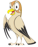 Cartoon bird with tan and brown feathers, open beak, and one wing raised.