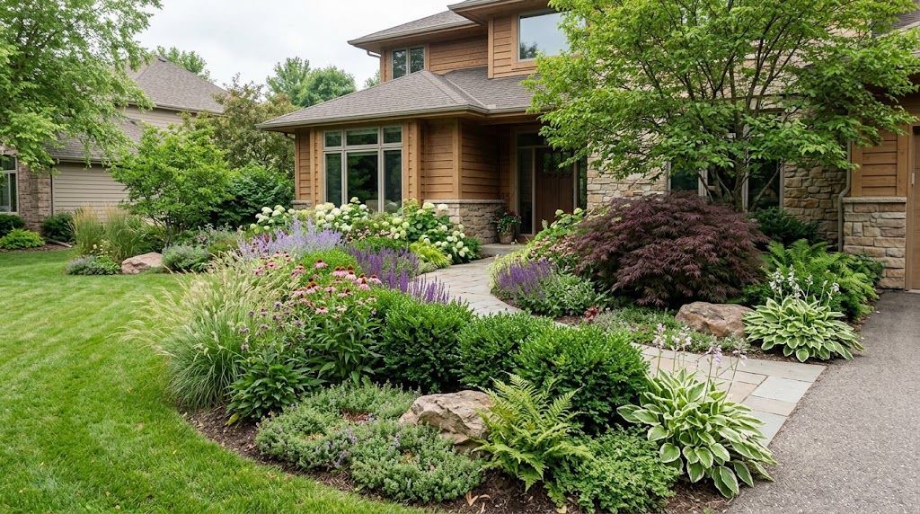Residential landscaping with colorful flowers, ornamental shrubs, and a stone garden walkway