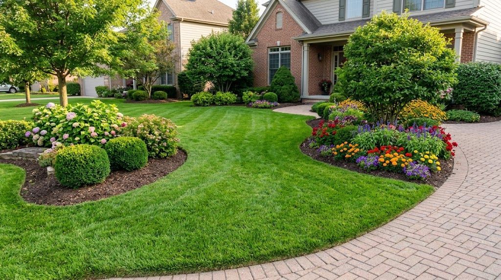Well-maintained residential lawn with trimmed shrubs, vibrant flower beds, and a paved walkway.