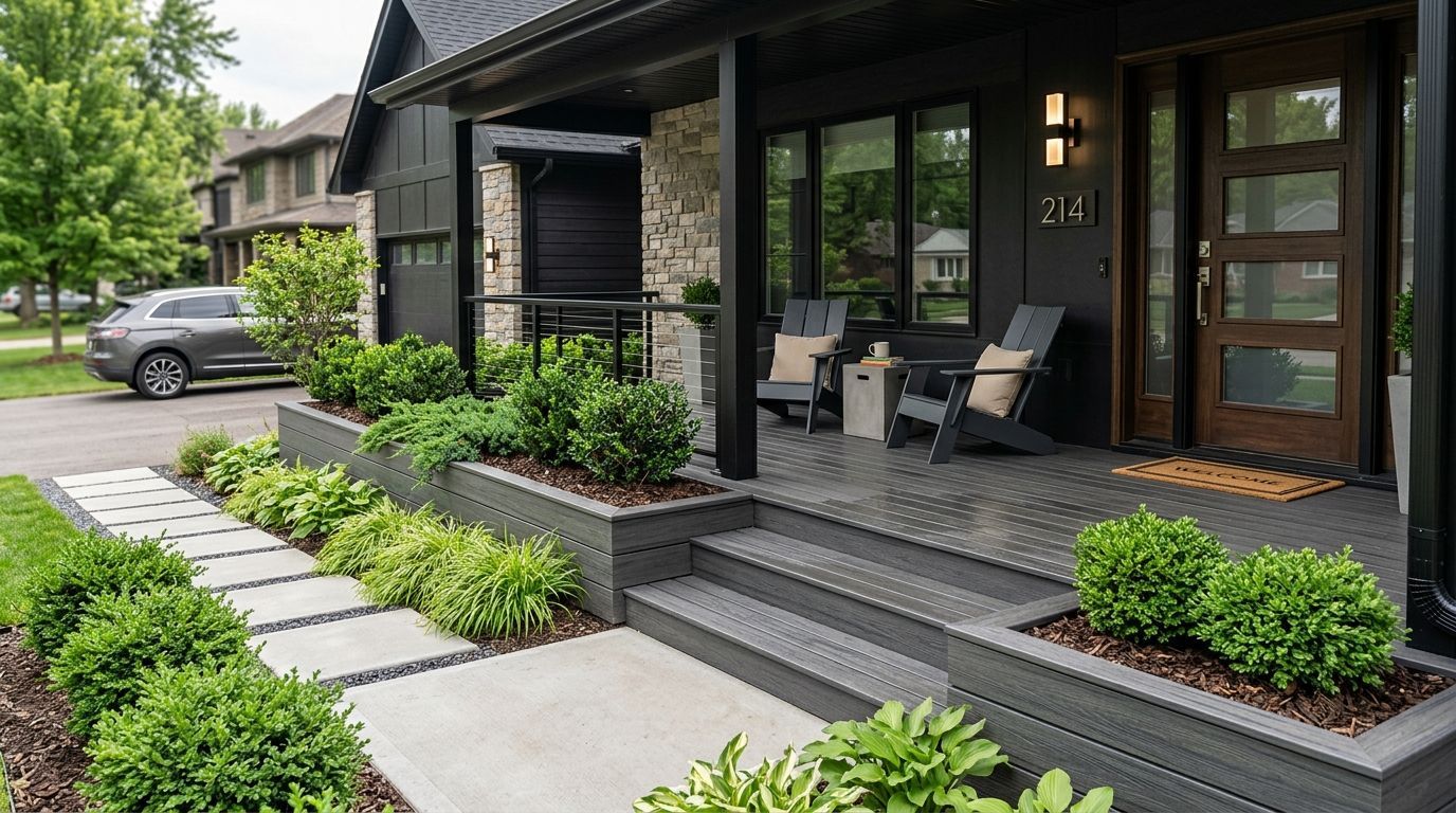 Stone retaining wall with a drainage outlet directing water into a landscaped creek bed.