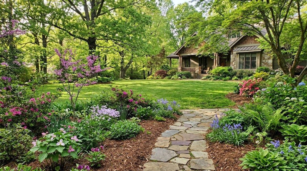 Stone pathway winding through colorful flower beds and lush greenery toward a woodland home.