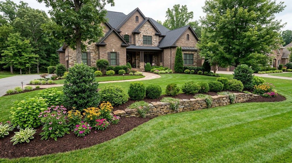 Large brick home surrounded by manicured lawns, colorful flowers, shrubs, and stone retaining walls.