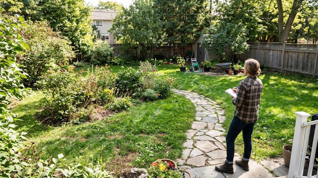 Homeowner assessing backyard landscaping needs with a notebook beside a stone pathway and garden.