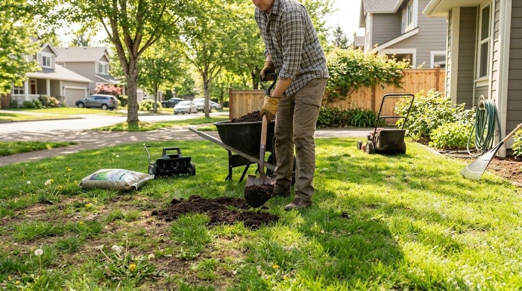 Landscaper using a shovel to improve soil and restore a residential lawn