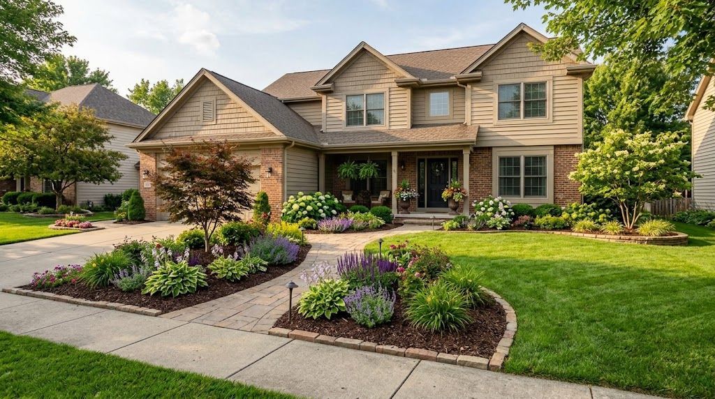 Beautiful front yard landscaping with green lawn, colorful flower beds, and decorative stone edging