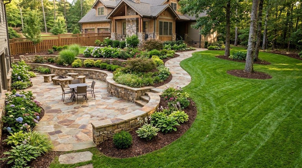 Professionally landscaped backyard featuring a stone patio, retaining walls, lush lawn, and gardens.