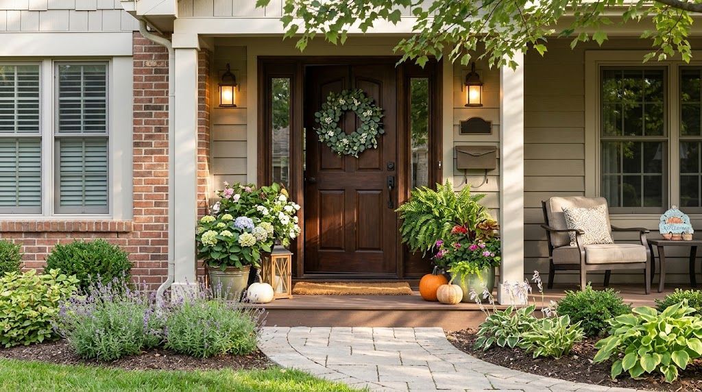 Welcoming home entrance with potted flowers, lush greenery, and landscaped garden beds