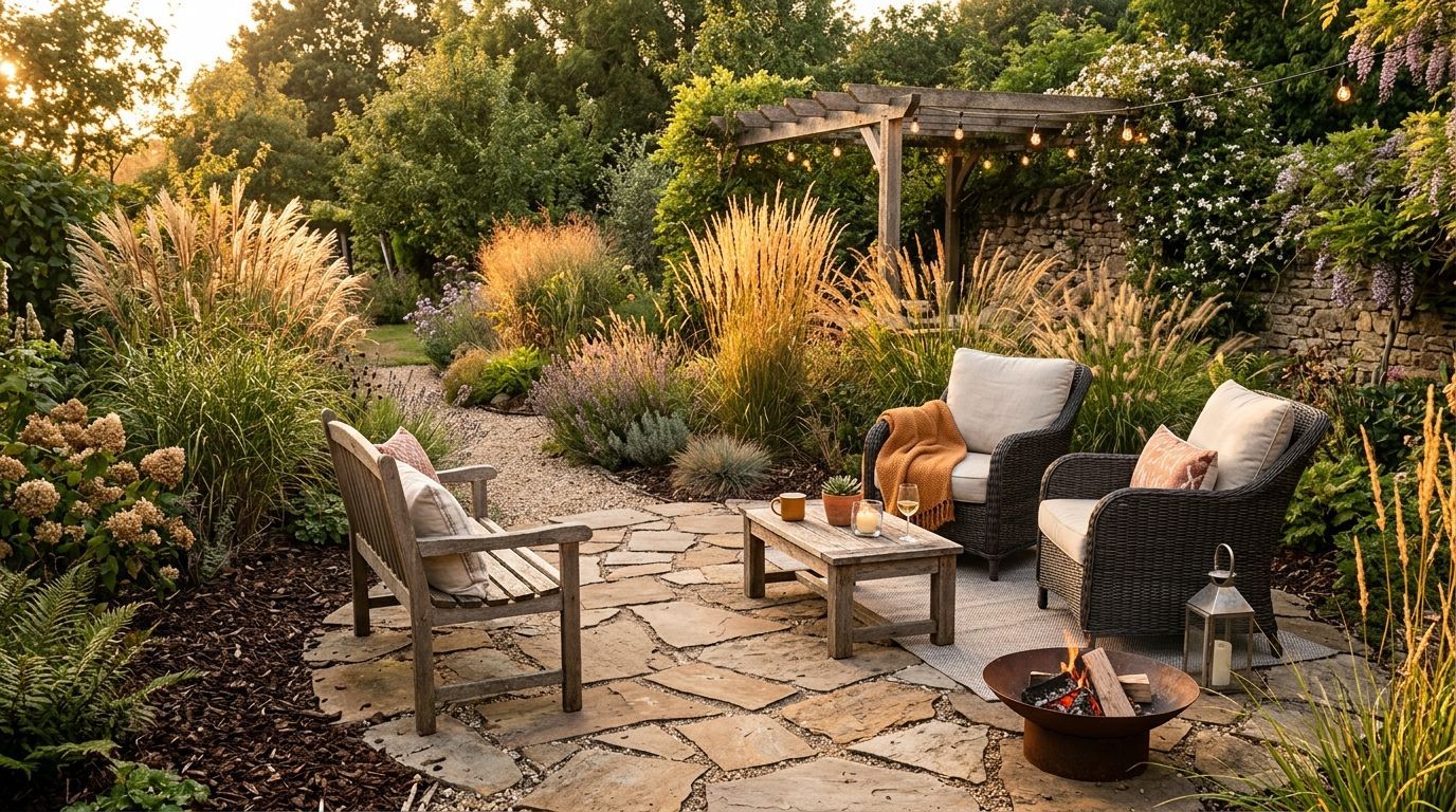 Terraced retaining walls creating level lawn, garden, patio, and walkway areas on a hillside property.