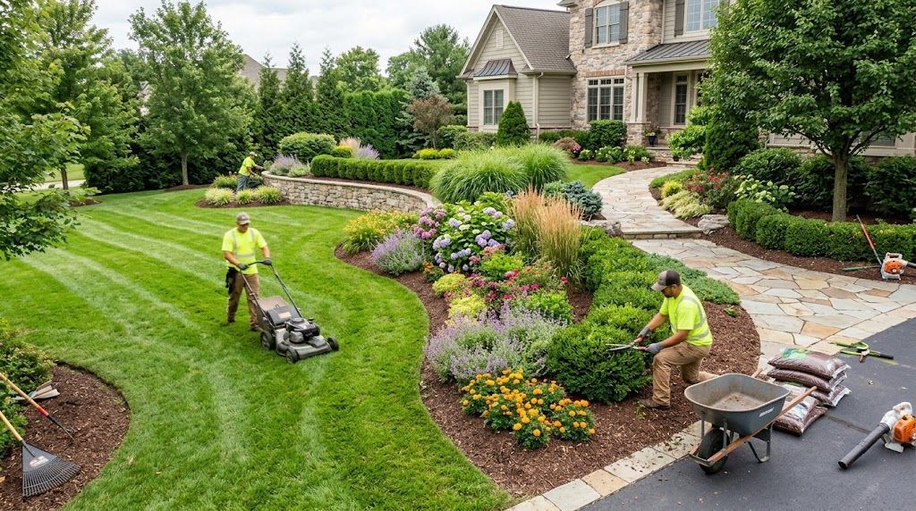 Landscapers mowing the lawn and trimming shrubs beside a stone walkway and colorful garden beds.
