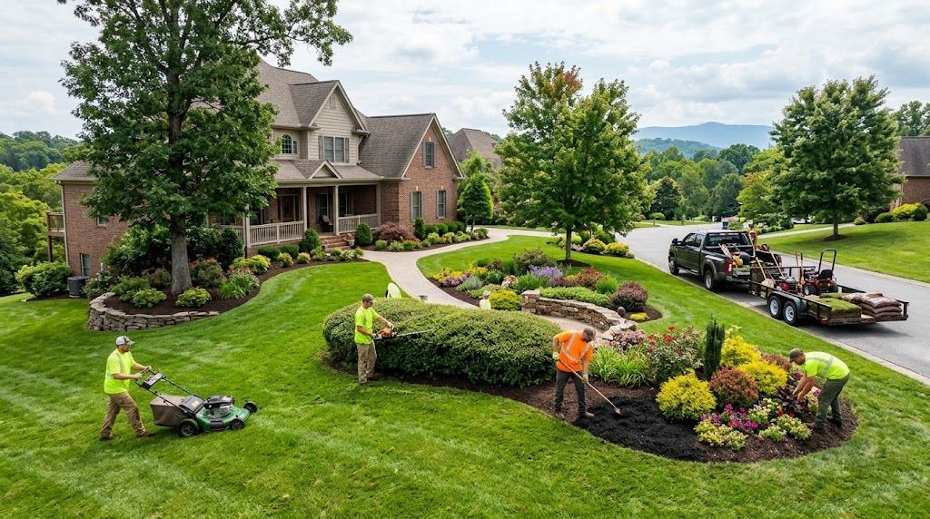 Landscaping crew mowing grass, trimming shrubs, and planting flowers outside a large brick home.