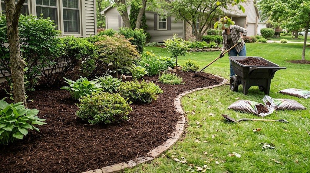 Landscaper spreading fresh mulch around shrubs and plants in a residential garden bed