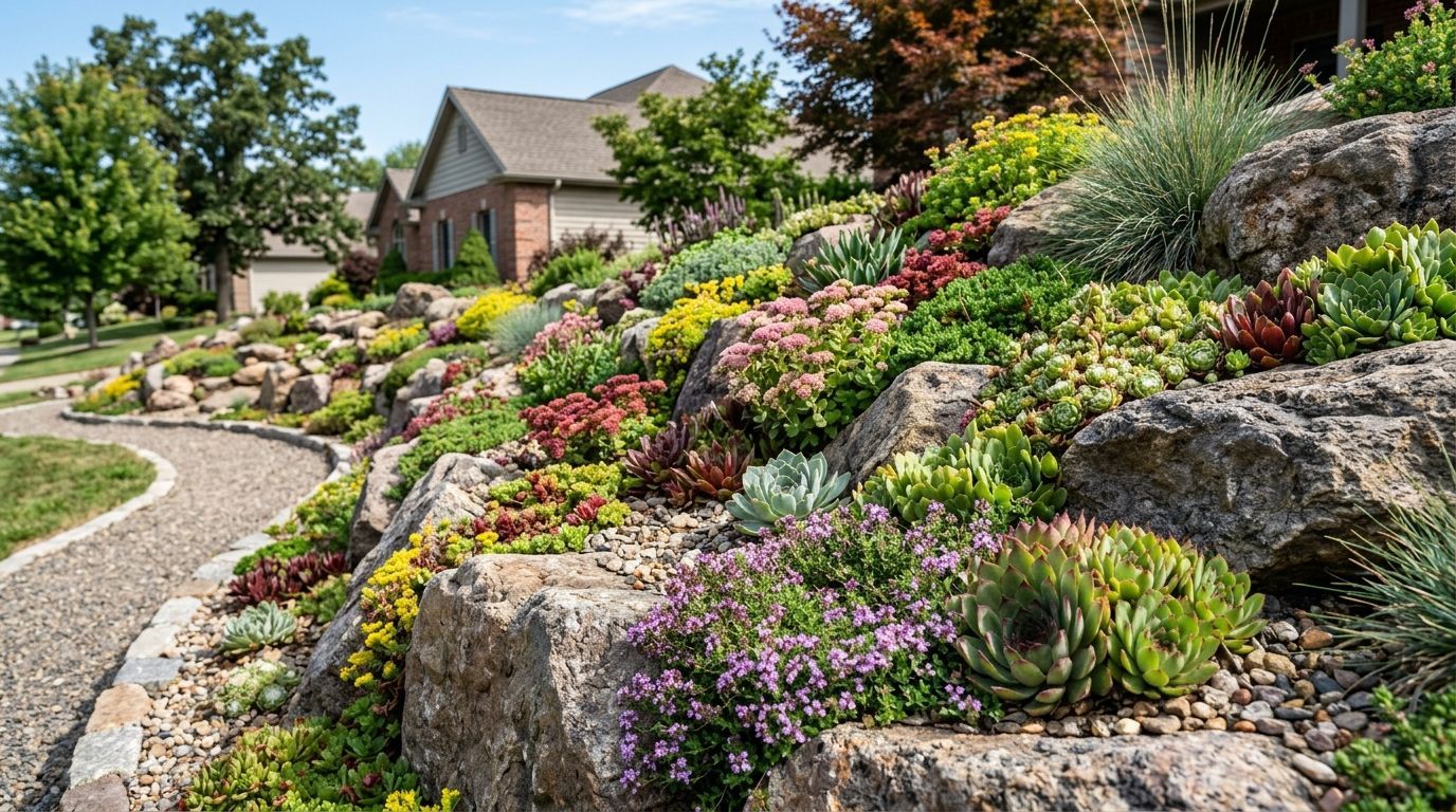 Multi-level natural stone retaining walls stabilizing a steep, landscaped hillside.