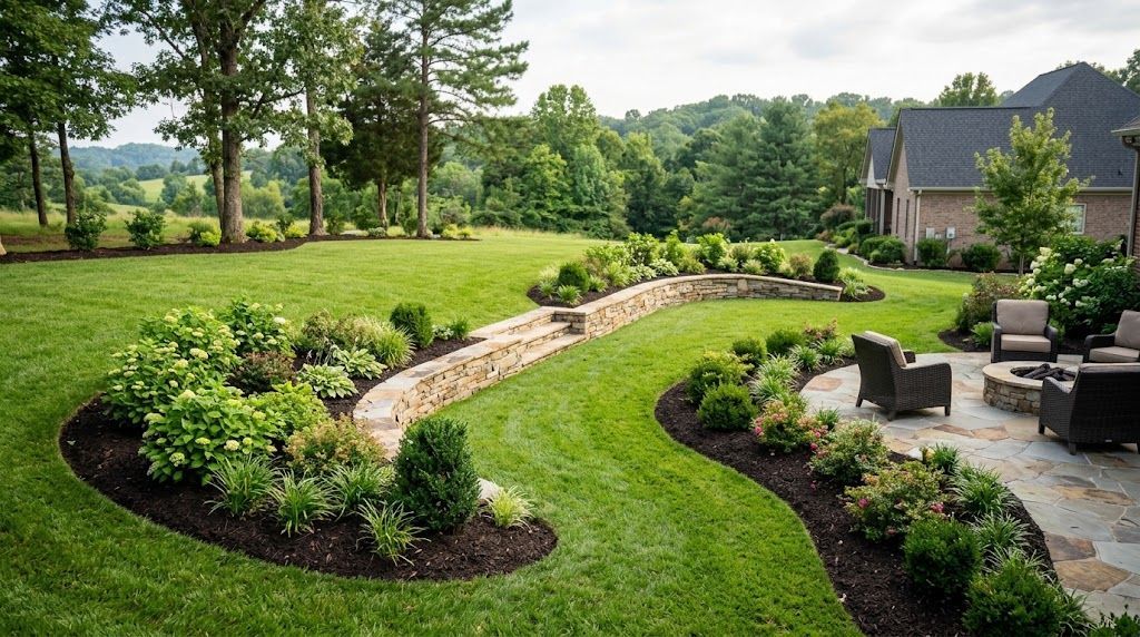 Spacious green lawn with a curved stone retaining wall, landscaped garden beds, and outdoor patio.