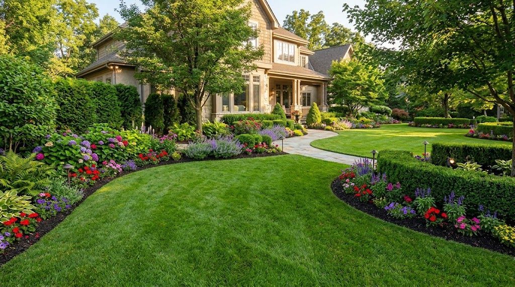 Beautifully landscaped residential property with lush green lawns, colorful flower beds, and walkways.