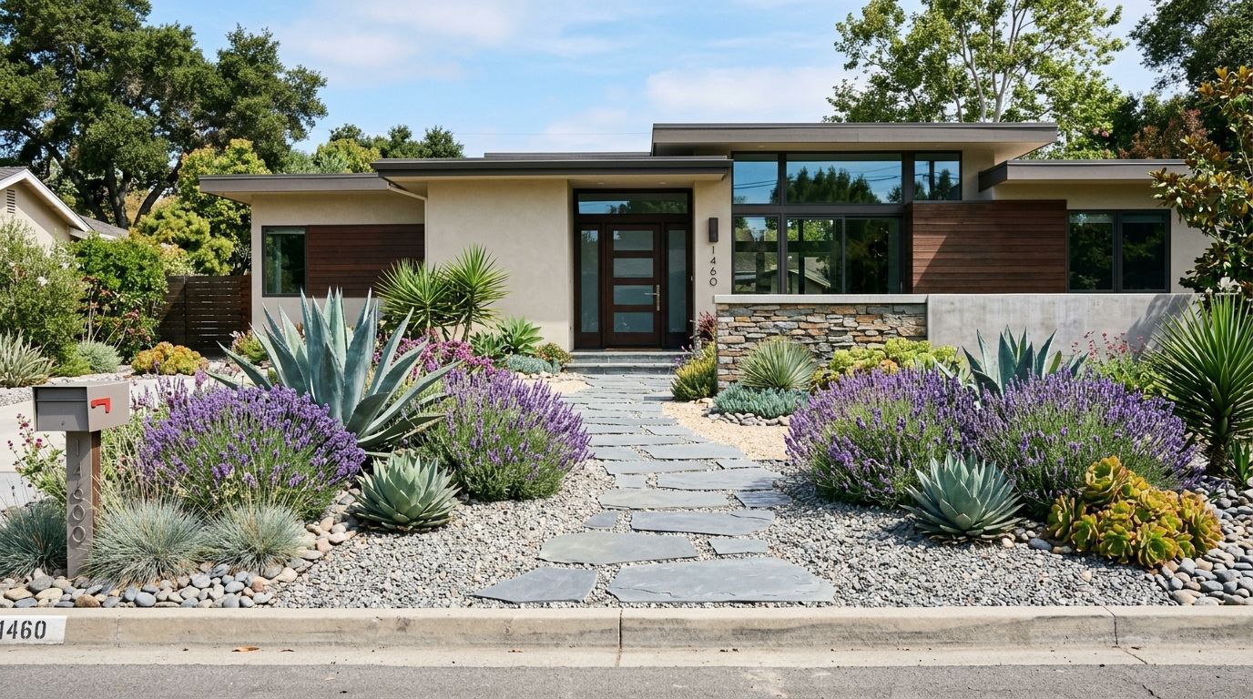 Stone retaining walls framing a landscaped front yard with colorful flowers and a modern home.