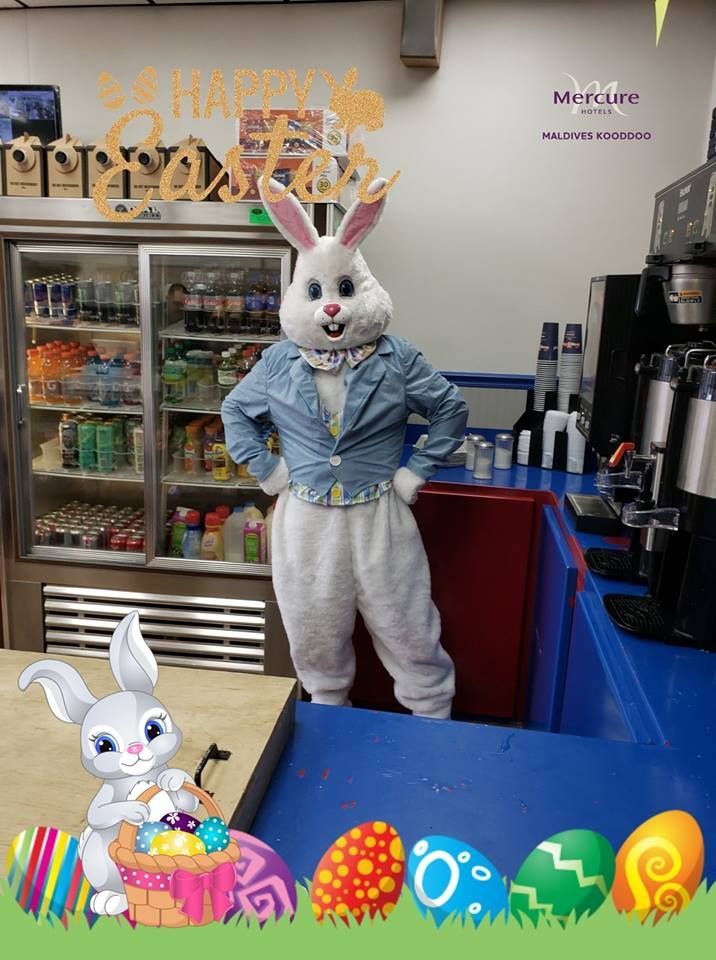 White rabbit mascot in a denim jacket stands behind a cafe counter with Easter decorations and treats.