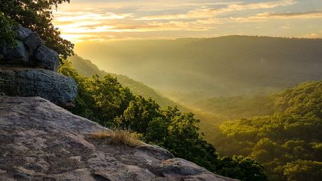 Sunlit mountain overlook with rocky foreground, green forested valley, and misty hills at sunrise