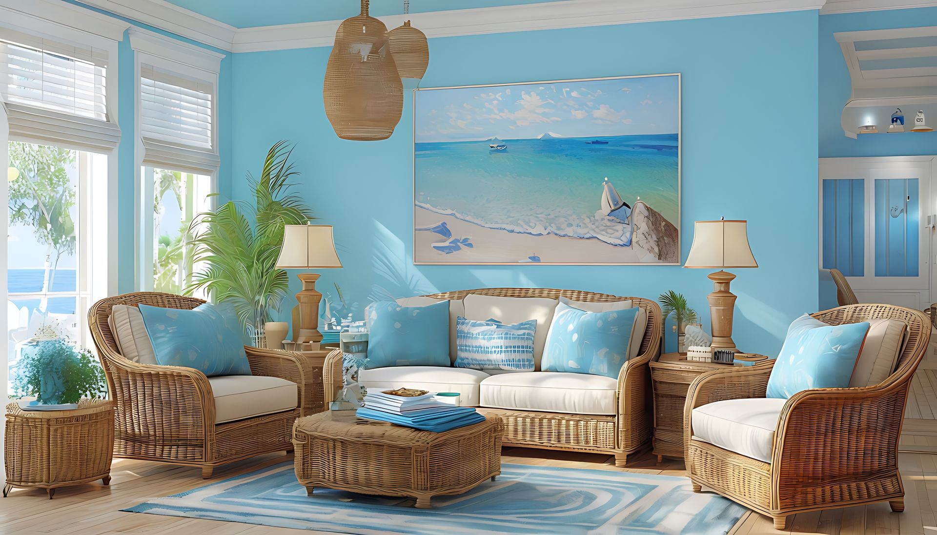 Bright beach-themed living room with wicker furniture, light blue walls, and ocean artwork