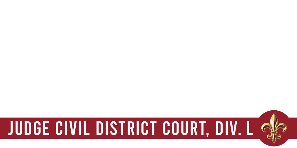 Maroon banner reading “JUDGE CIVIL DISTRICT COURT, DIV. L” with a fleur-de-lis emblem