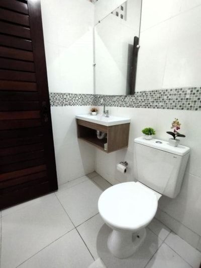 Banheiro pequeno com vaso sanitário branco, pia, espelho e porta de madeira escura.