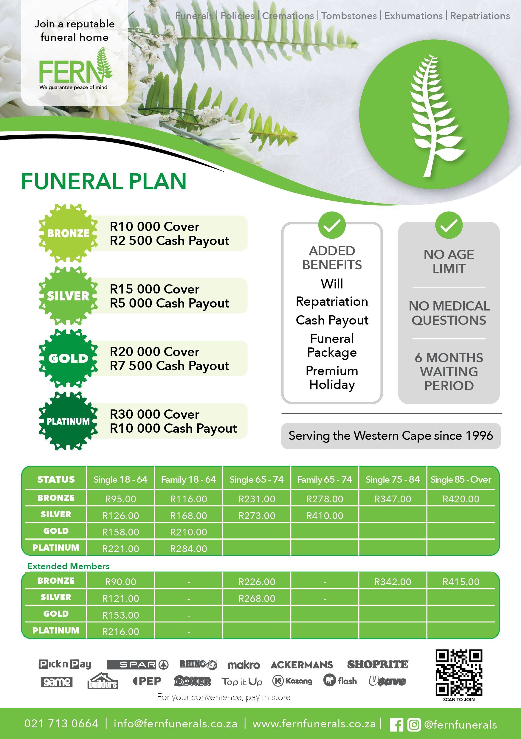 Green funeral plan flyer with fern logo, price tiers, features, and contact details on a white-and-green layout