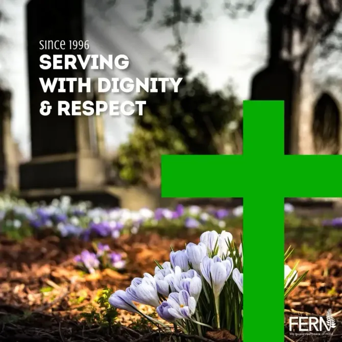 Fern logo over flowers with “Serving with dignity & respect” text in a garden scene