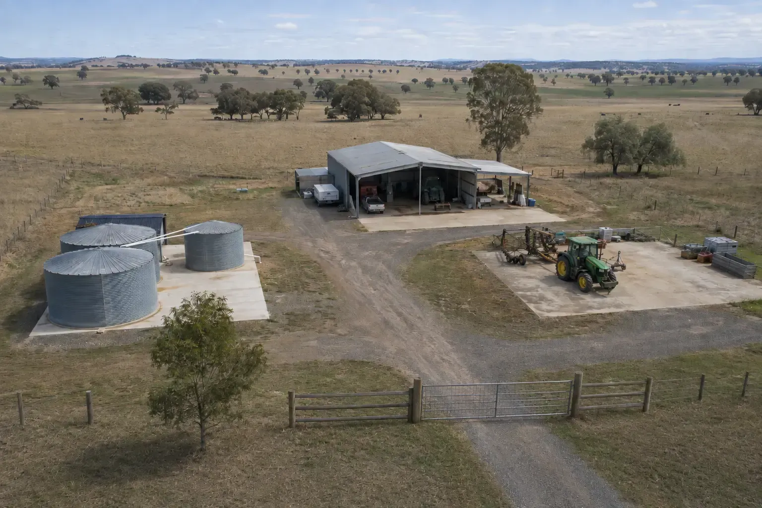 Rural Warwick property from above. Concrete tank slab, hardstand and machinery shed slab.