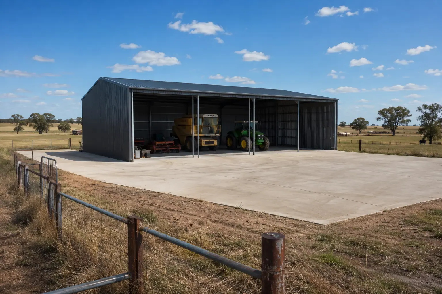 Hardstand in front of new agricultural machinery storage shed in Oaky on the Darling Downs