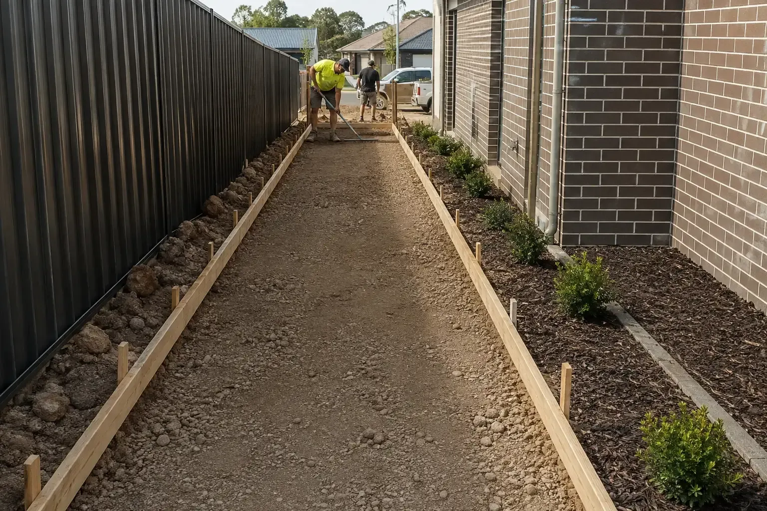 Long concrete side-path project underway at this Highfields duplex.