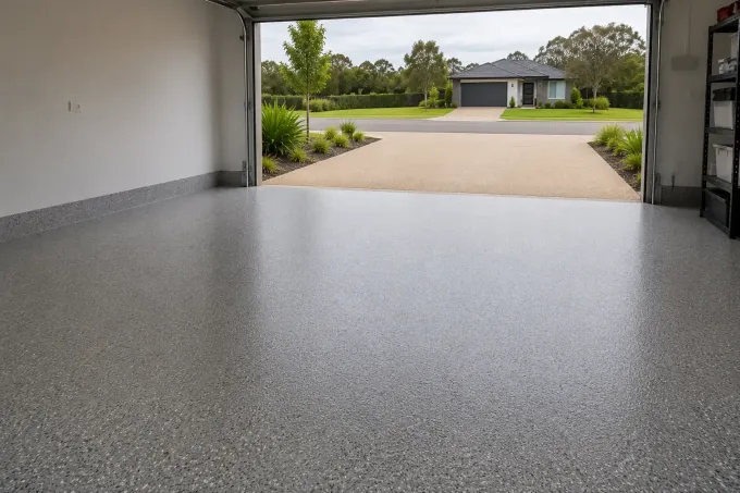 New epoxy garage floor with an exposed aggregate driveway in Harlaxton, QLD