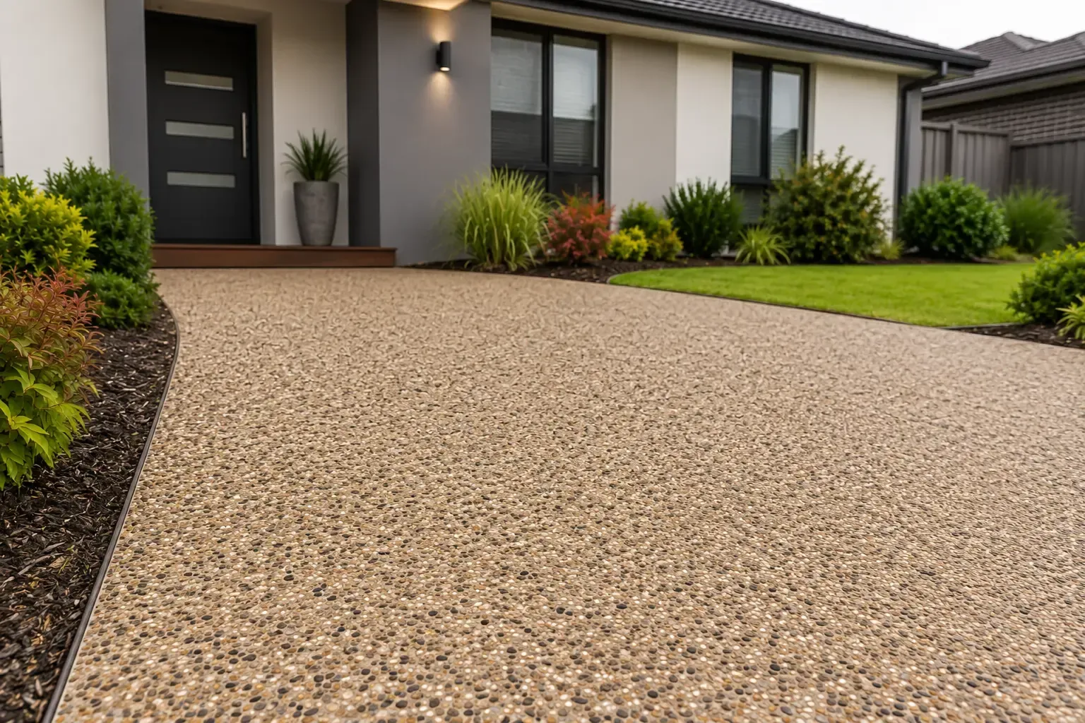 A ground level view of an exposed aggregate concrete front entry path in Gatton.