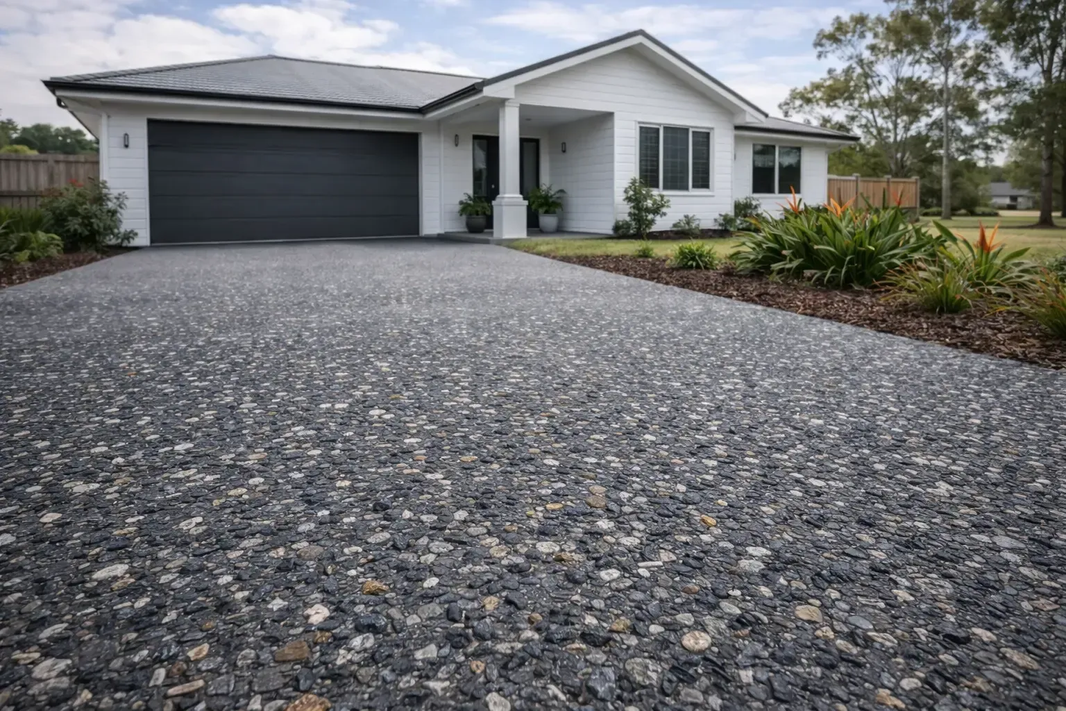 Dark exposed aggregate concrete driveway at a home in Middle Ridge, Toowoomba.