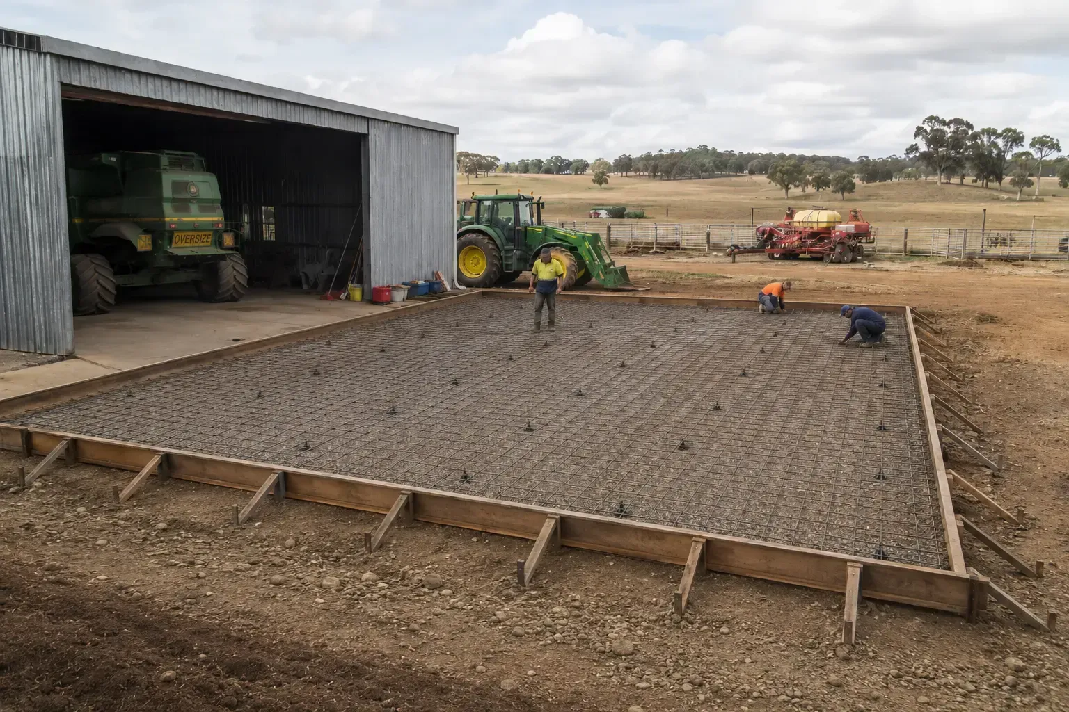 Preparing the foundations for a rural hardstand outside an existing machinery shed near Allora in the Southern Downs