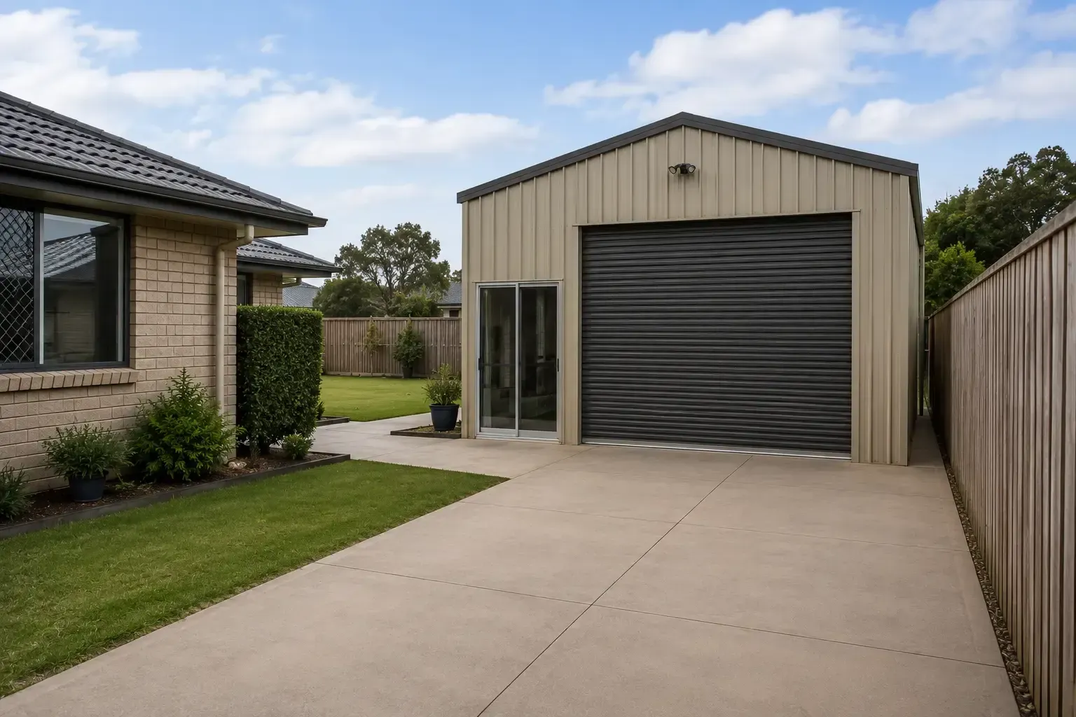 Concrete driveway, side-path and full shed slab and shed build package at a home in Rangeville, Toowoomba.